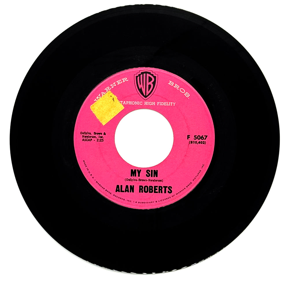 Vinyl record with pink label featuring 'My Sin' by Alan Roberts and Warner Bros. logo.